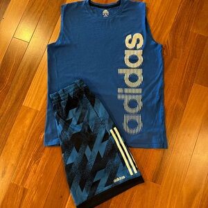 Adidas Boys XL 18/20 Blue Sleeveless Shirt & Shorts - Like New!